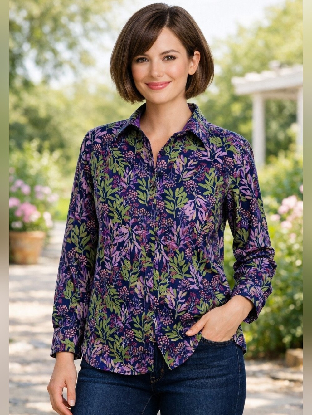 Appleseed’s Floral Button‑Down Shirt Size 8P Navy Green Purple Cottegecore